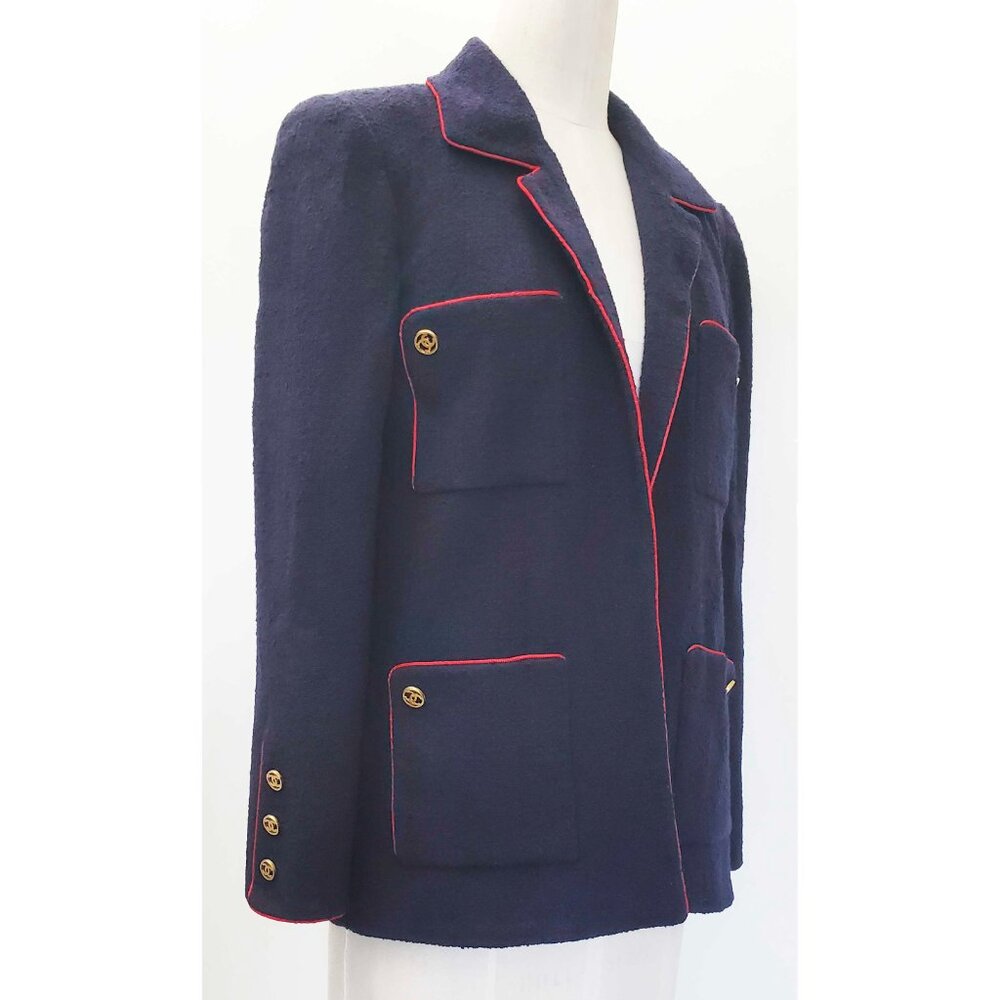 CHANEL Boutique Womens Vintage Navy Wool Boucle Blazer Logo CC Buttons Red Trim - Picture 7 of 15
